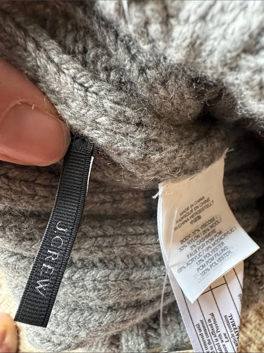 J.Crew Gray Wool Cashmere Ribbed Pom Pom Beanie Hat One Size